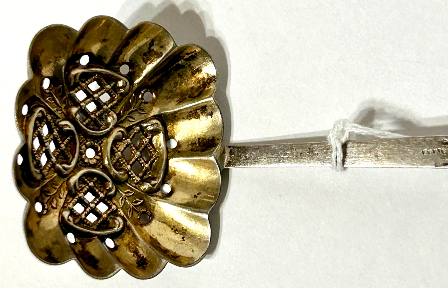 ANTIQUE STERLING FANCY PIERCED SQUARE SPOON BY JOSEPH POOK BIRNIMGHAM