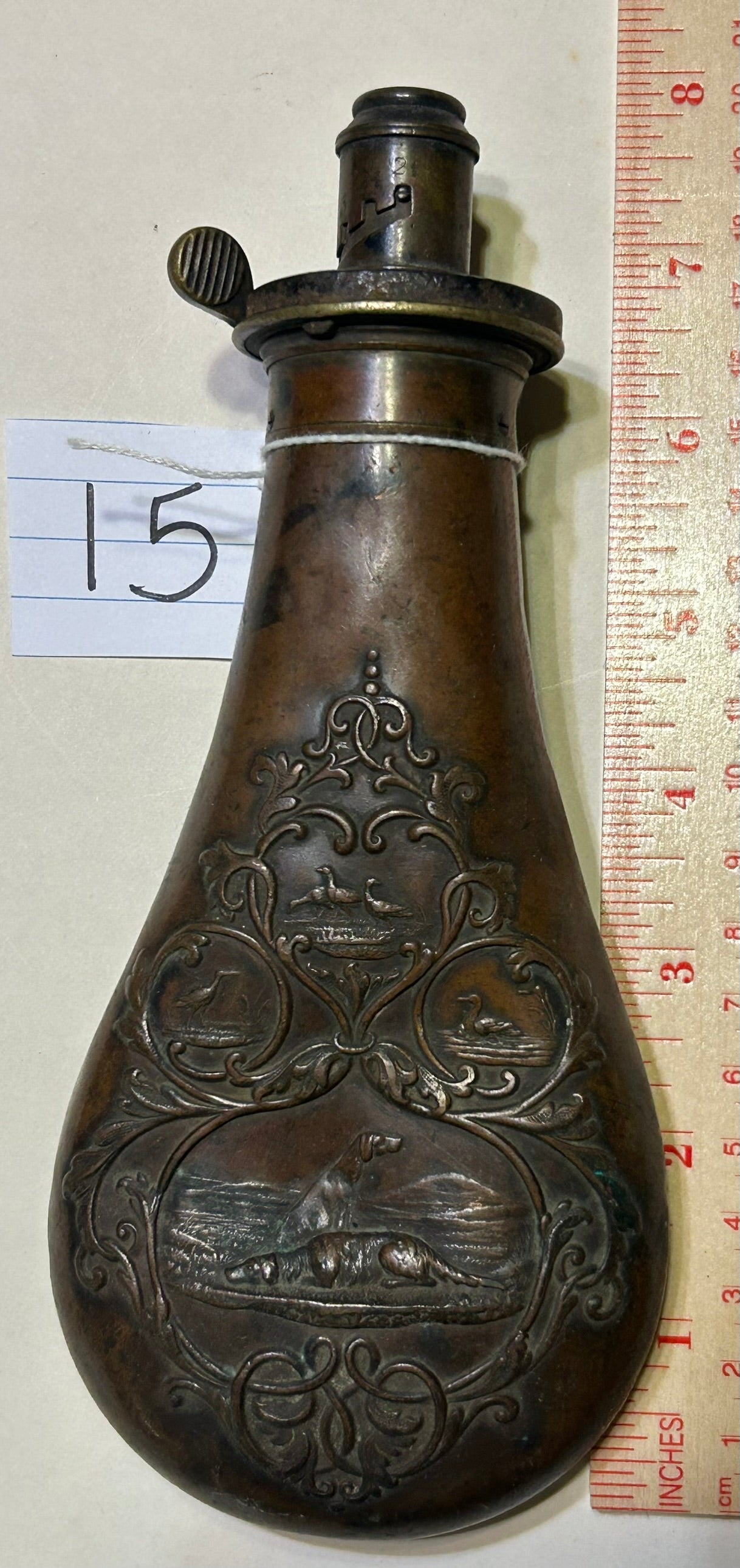 ANTIQUE HUNTING DOGS POWDER FLASK BY JAMES DIXON