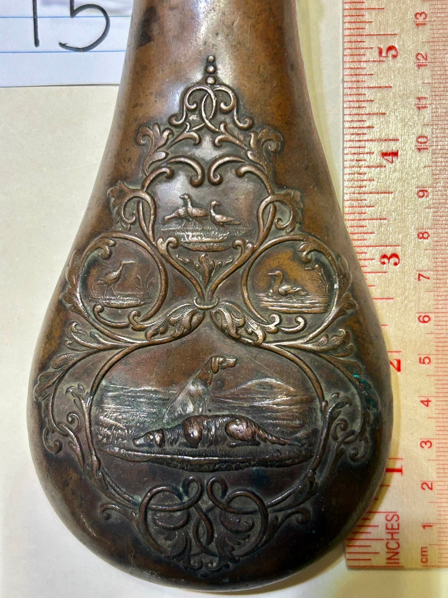 ANTIQUE HUNTING DOGS POWDER FLASK BY JAMES DIXON