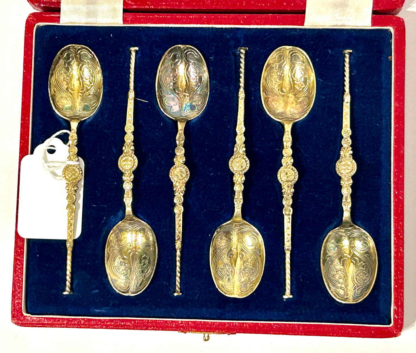 ANTIQUE STERLING SET OF SIX FANCY COFFEE SPOONS CIRCA 1900 BY WALKER & HALL, LONDON