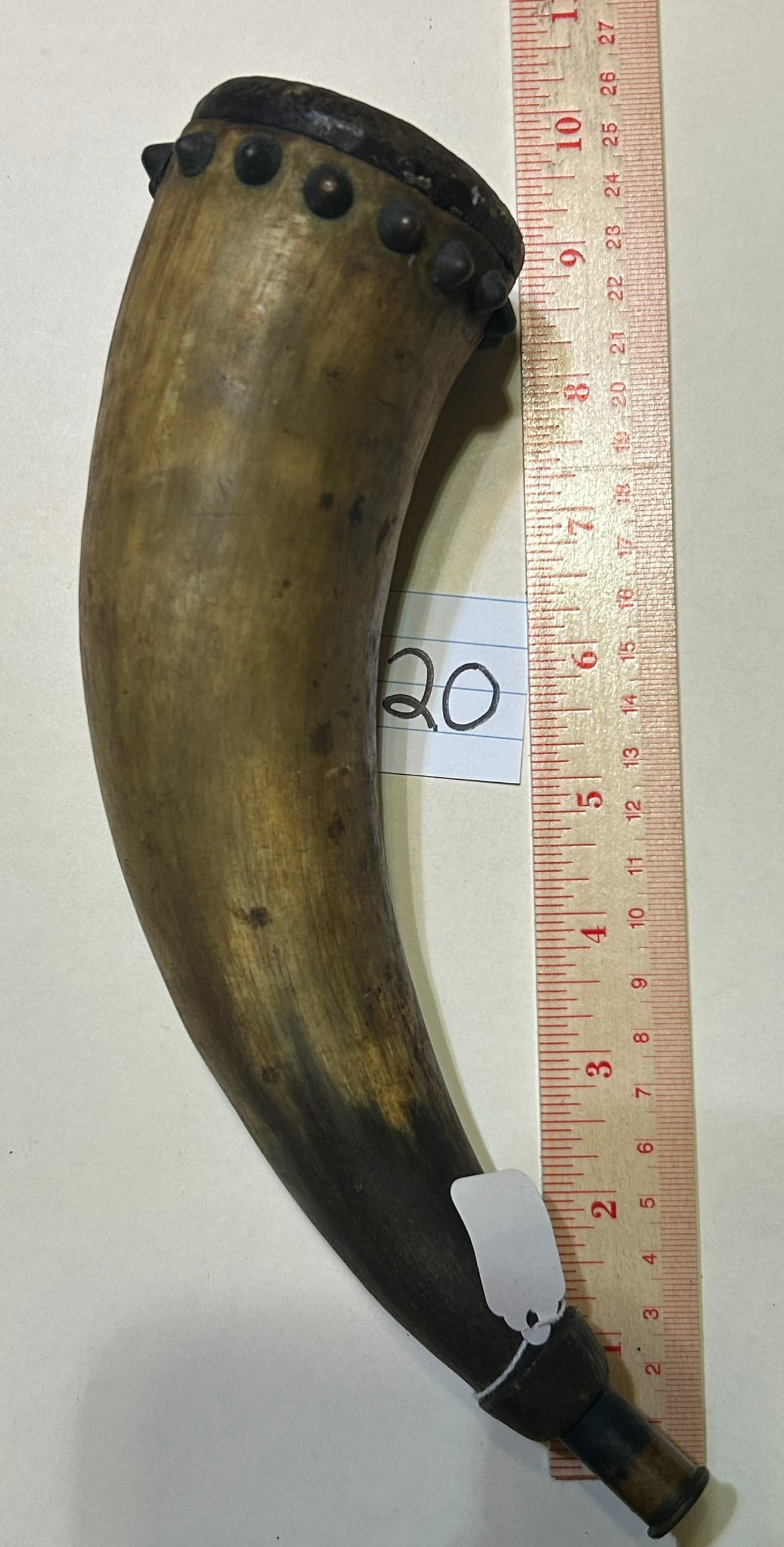 ANTIQUE POWER HORN WITH TACKS