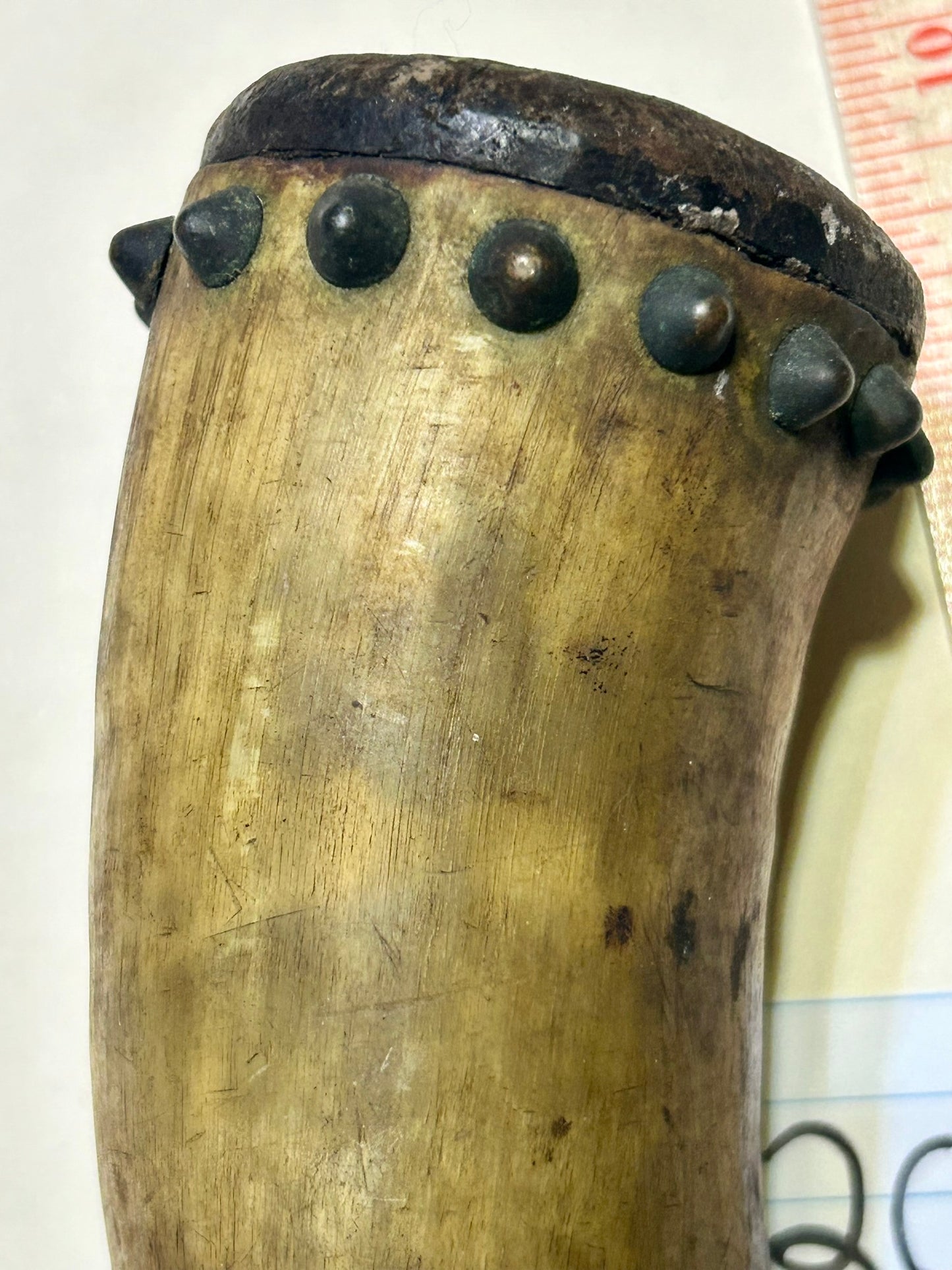 ANTIQUE POWER HORN WITH TACKS