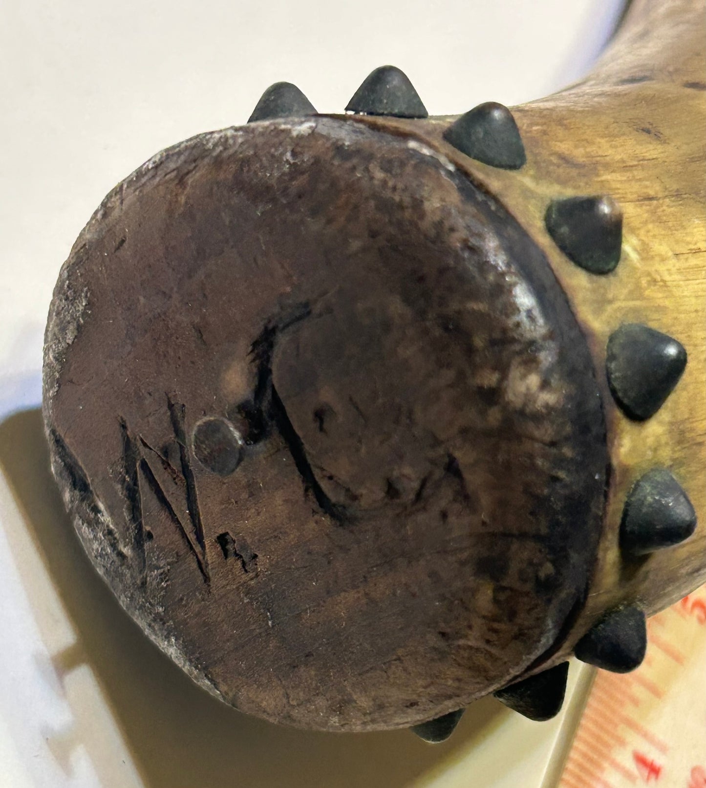 ANTIQUE POWER HORN WITH TACKS