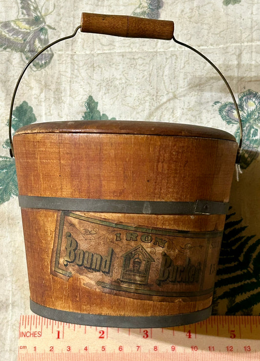 ANTIQUE SMALL WOODEN BUCKET WITH ORIGINAL LABEL