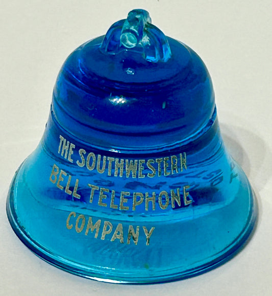 SOUTHWEST BELL PHONE COMPANY BLUE GLASS FIGURAL BELL PAPERWEIGHT
