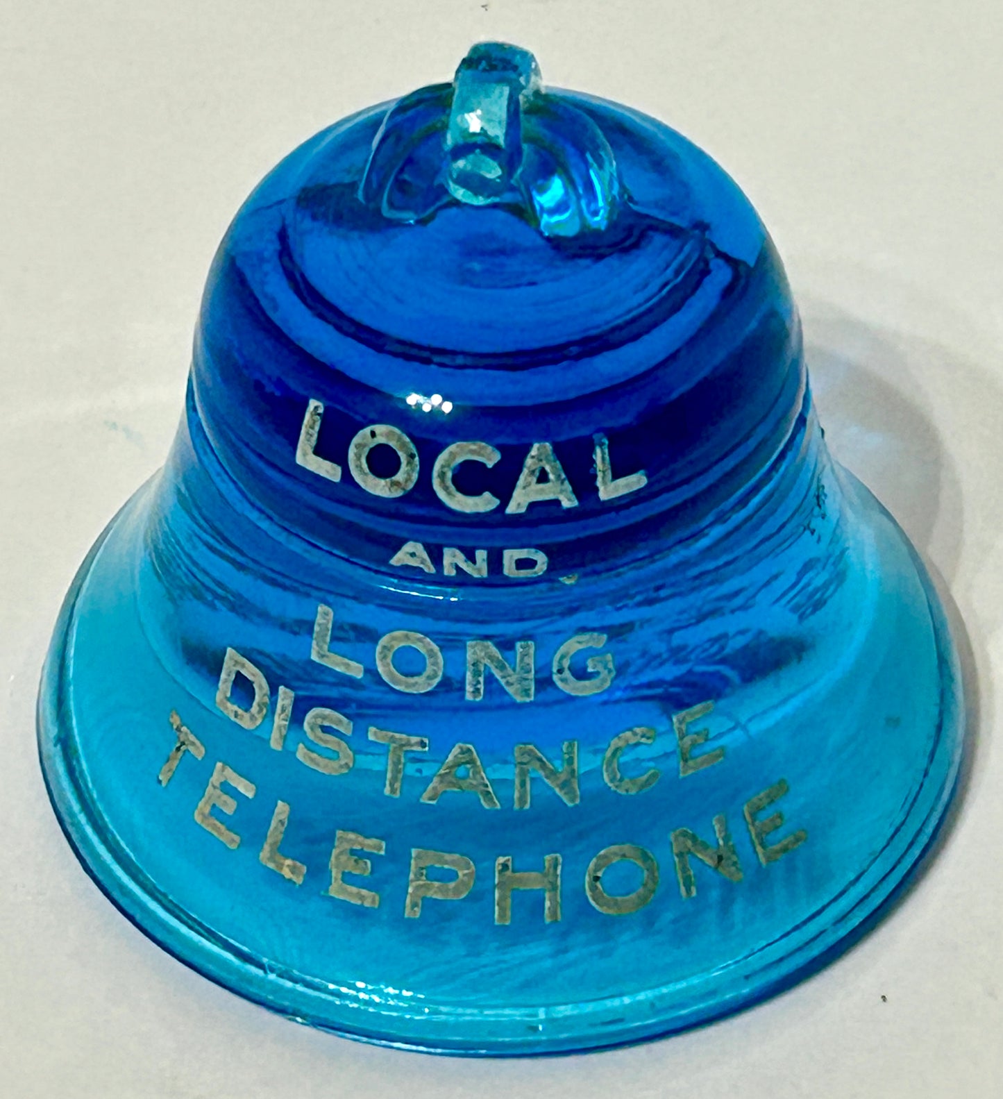SOUTHWEST BELL PHONE COMPANY BLUE GLASS FIGURAL BELL PAPERWEIGHT