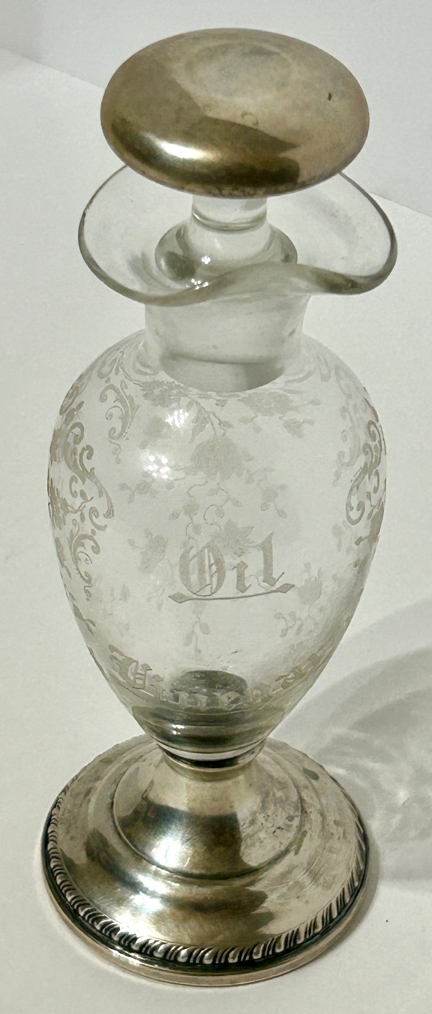STERLING AND CRYSTAL ETCHED GLASS OIL AND VINEGAR ANTIQUE  BOTTLE