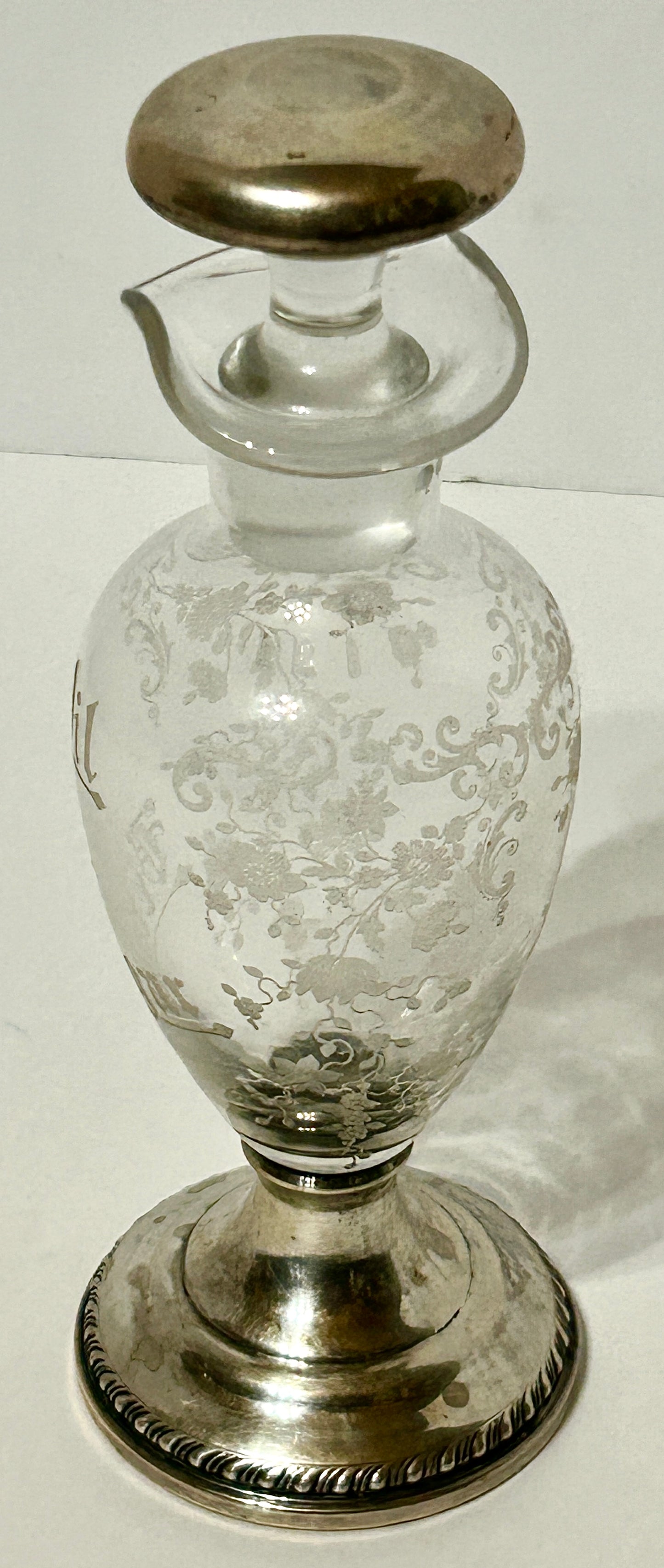 STERLING AND CRYSTAL ETCHED GLASS OIL AND VINEGAR ANTIQUE  BOTTLE