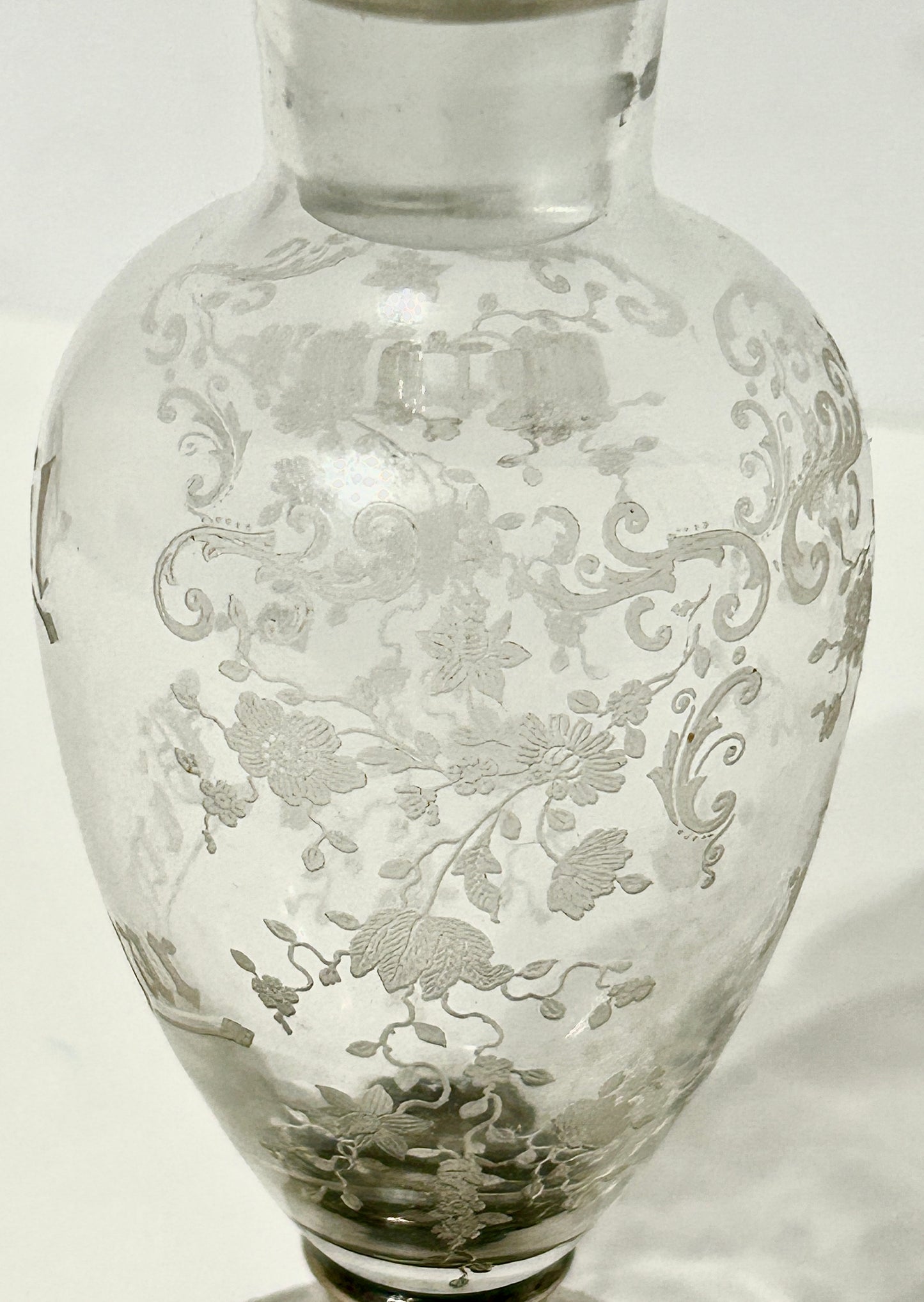 STERLING AND CRYSTAL ETCHED GLASS OIL AND VINEGAR ANTIQUE  BOTTLE