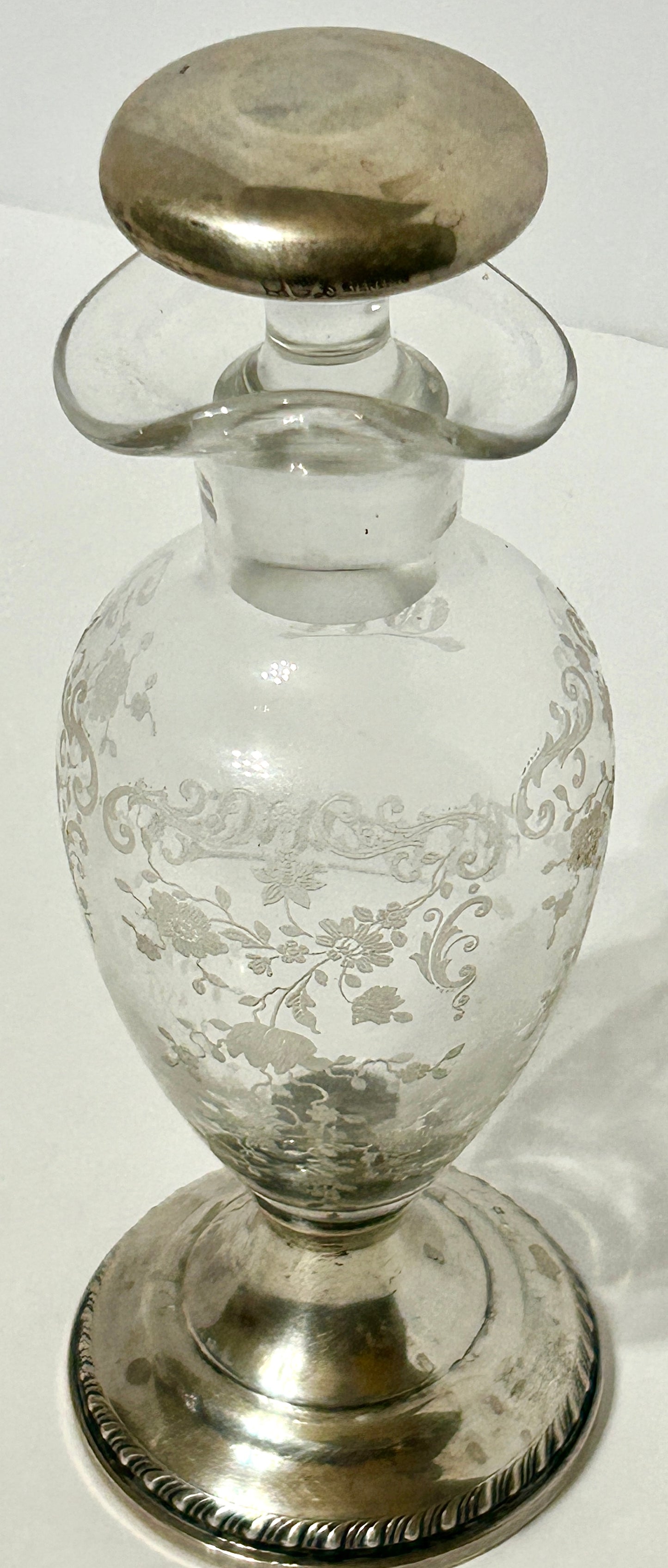 STERLING AND CRYSTAL ETCHED GLASS OIL AND VINEGAR ANTIQUE  BOTTLE
