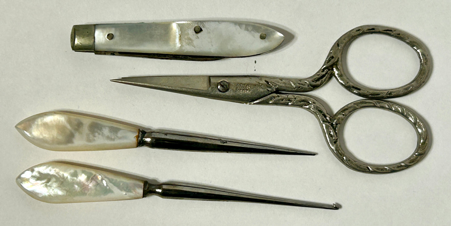ANTIQUE MANICURE SET WITH MOTHER OF PEARL HANDLES