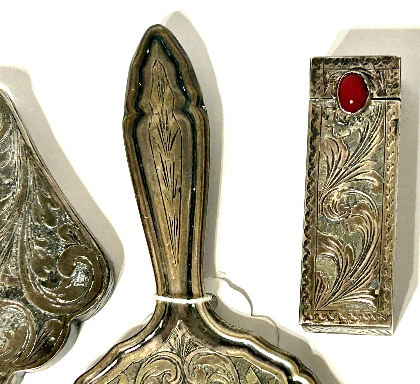 SILVER THREE PIECE COMPACT, LIPSTICK, & MIRROR SET