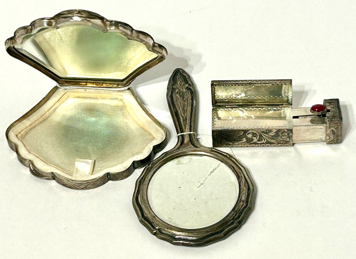 SILVER THREE PIECE COMPACT, LIPSTICK, & MIRROR SET