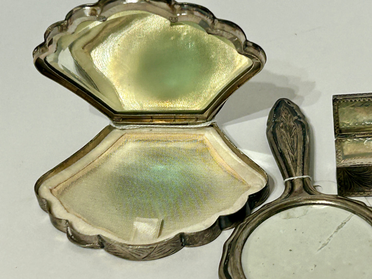 SILVER THREE PIECE COMPACT, LIPSTICK, & MIRROR SET