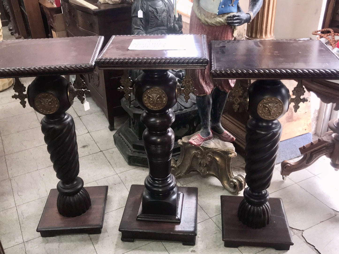 ANTIQUE MAHOGANY SET OF THREE PEDESTALS WITH OWL HEADS