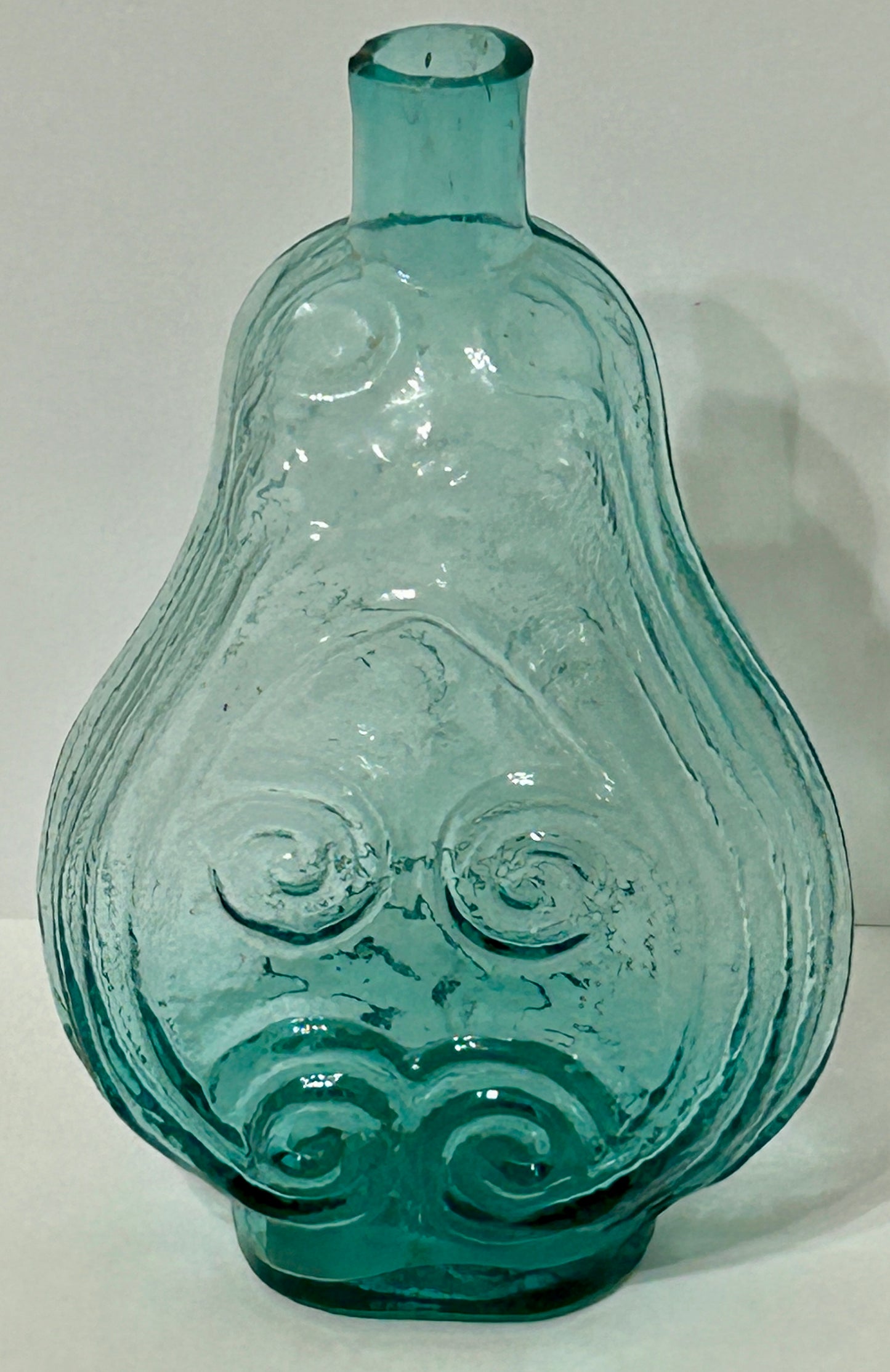 EARLY AMERICAN GLASS AQUA SCROLL  FLASK