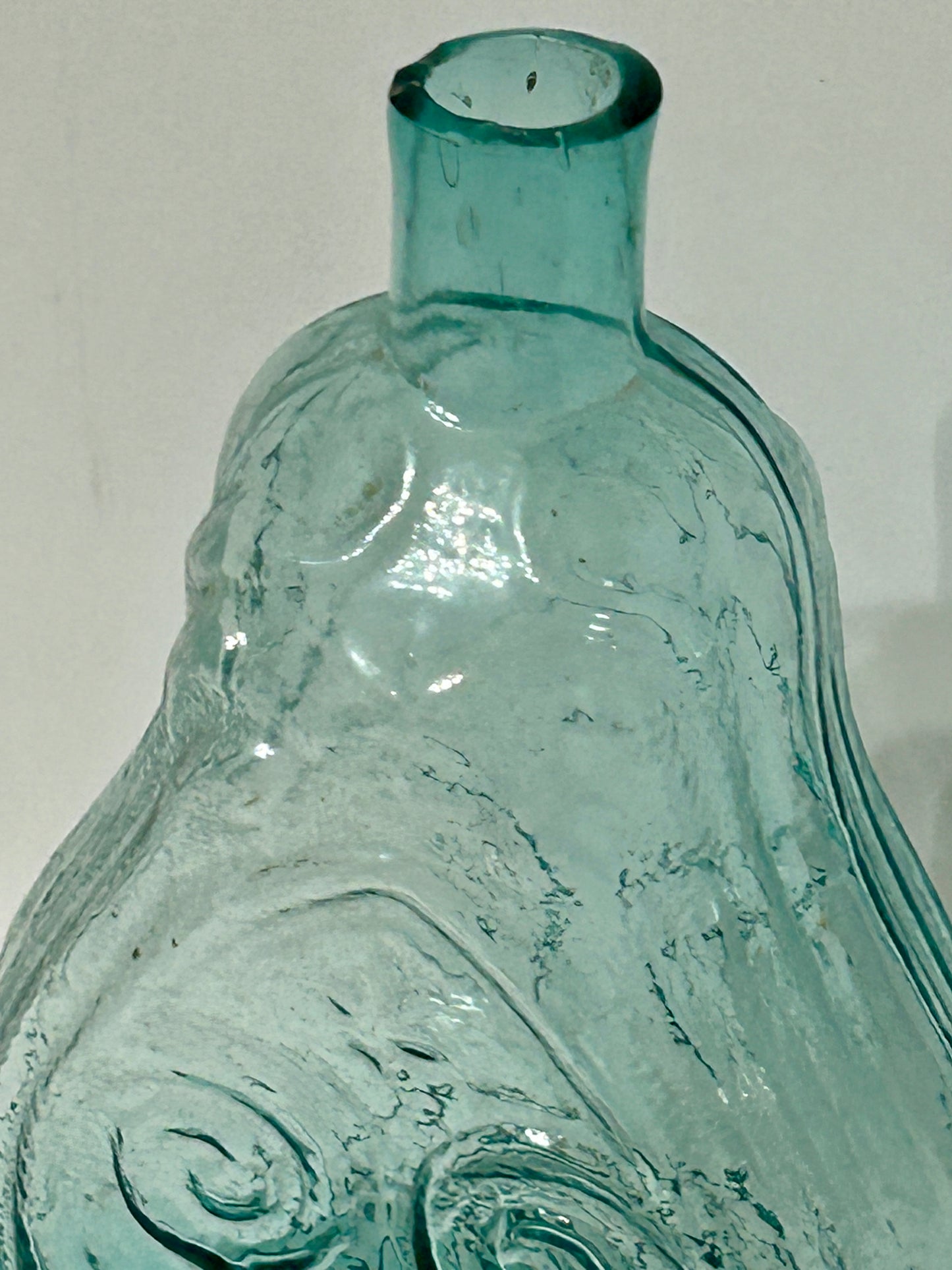 EARLY AMERICAN GLASS AQUA SCROLL  FLASK
