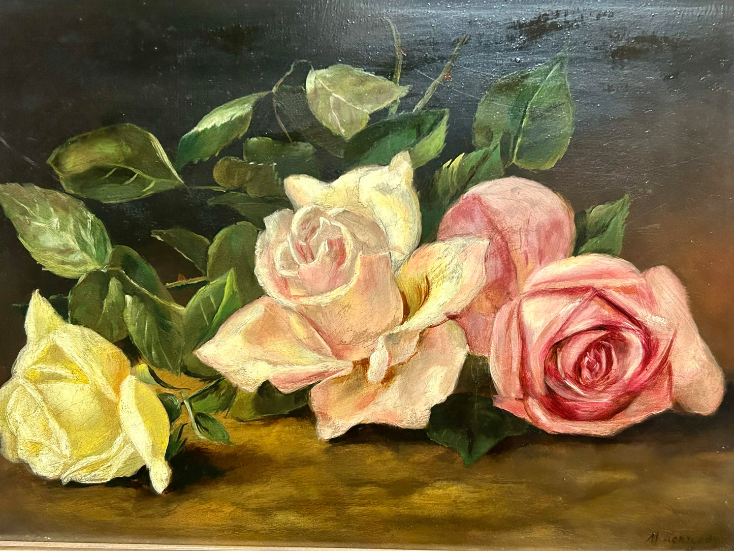 ANTIQUE PAINTING OF ROSES BY M. KENNEDY DATE 1897