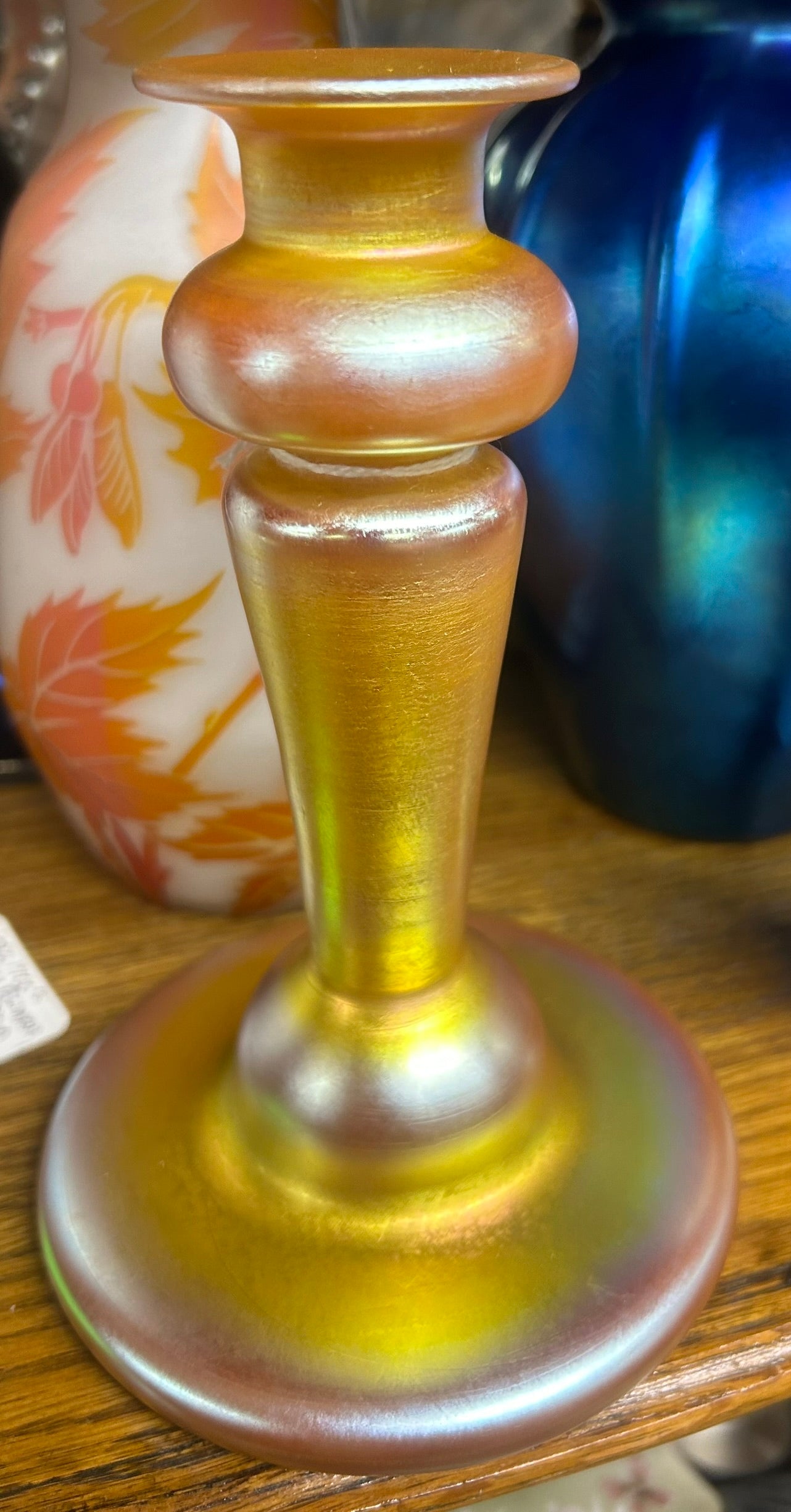 GOLD IRRIDESCENT GLASS ANTIQUE VASE OR CANDLESTICK