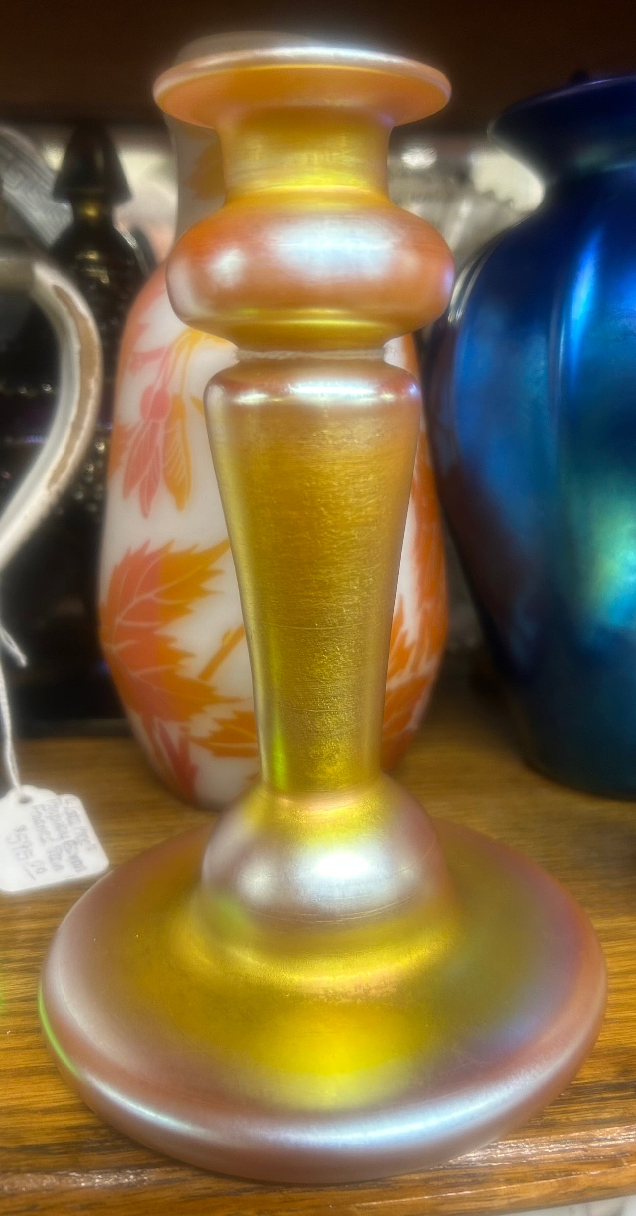 GOLD IRRIDESCENT GLASS ANTIQUE VASE OR CANDLESTICK