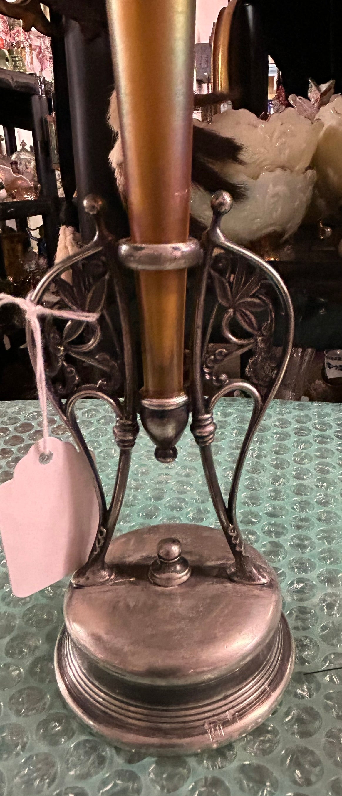 QUEZAL GOLD IRIDESCENT EPERGNE IN SILVER PLATE HOLDER