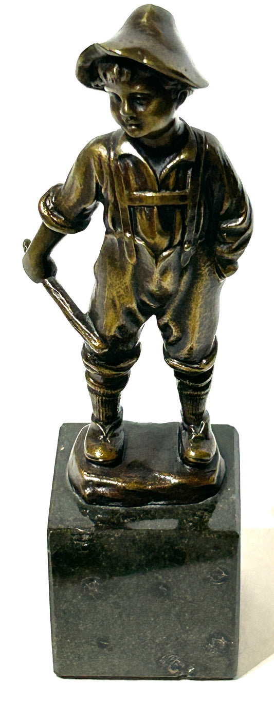 BRONZE STATUE OF BOY HOLDING BALL BAT ANTIQUE