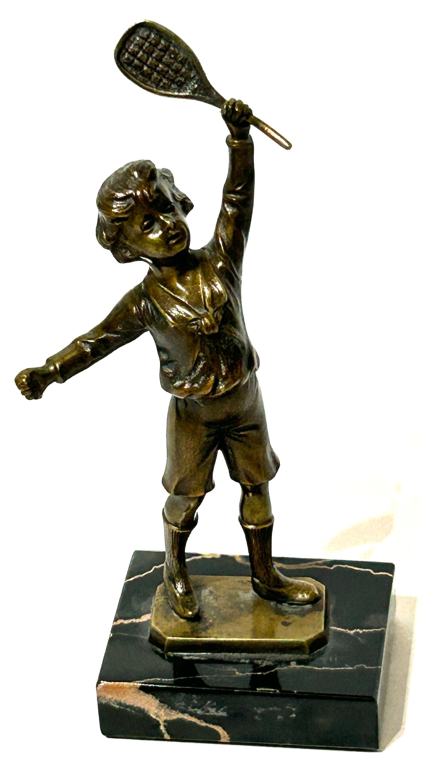 BRONZE ANTIQUE SCULPTURE OF BOY WITH TENNIS RACKET