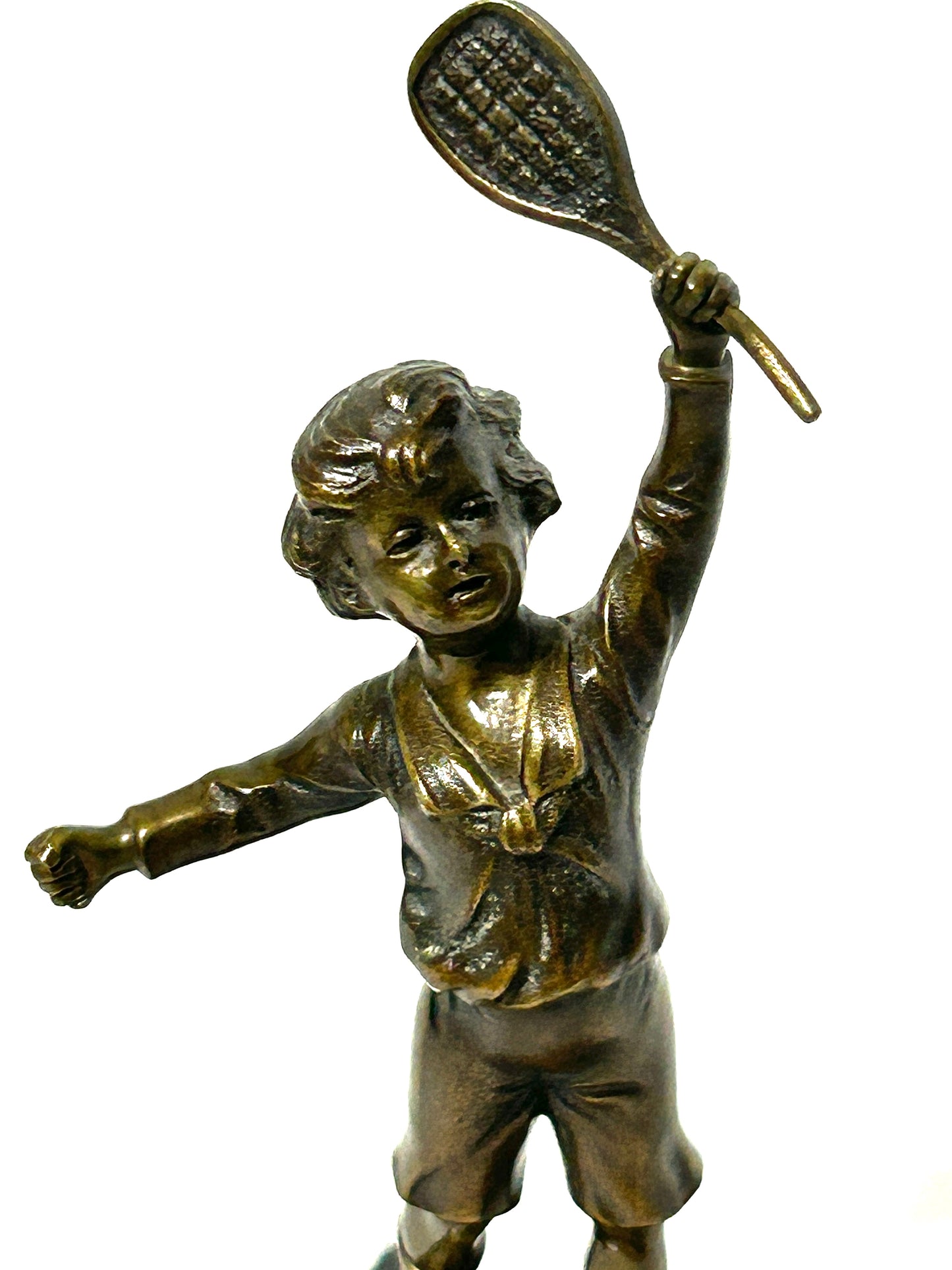BRONZE ANTIQUE SCULPTURE OF BOY WITH TENNIS RACKET