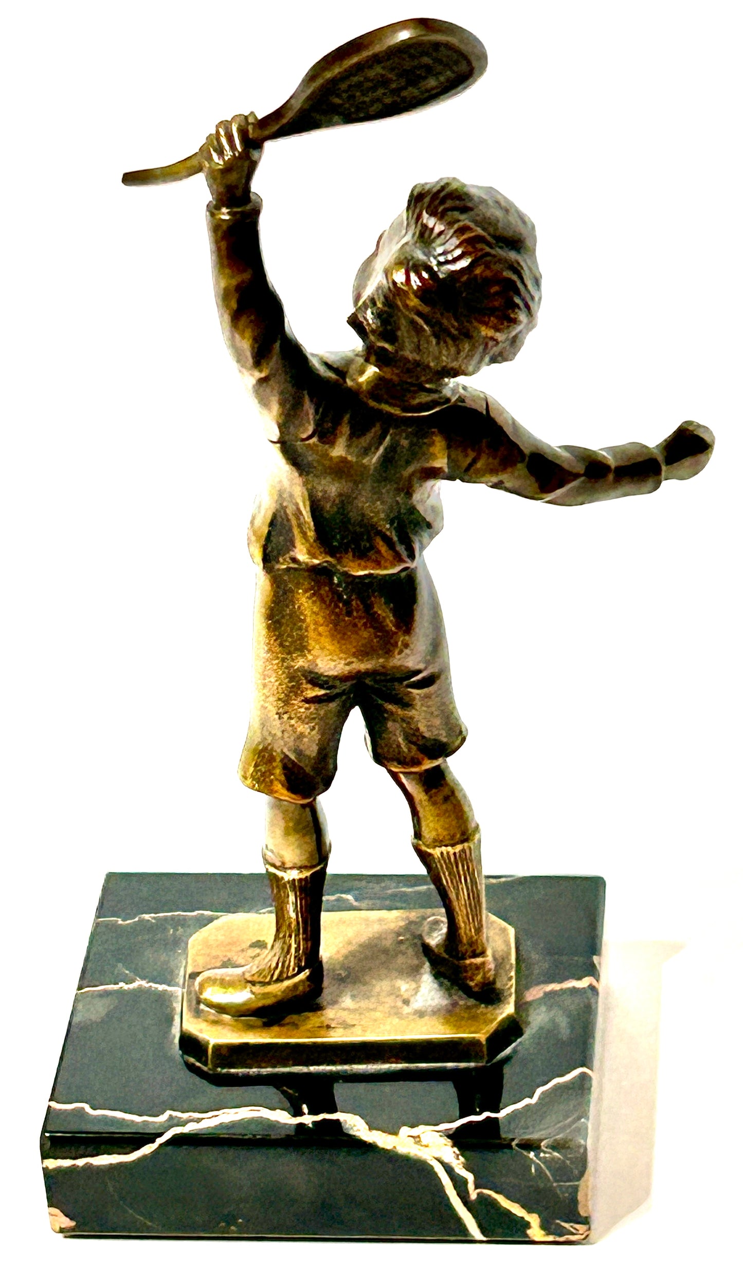 BRONZE ANTIQUE SCULPTURE OF BOY WITH TENNIS RACKET