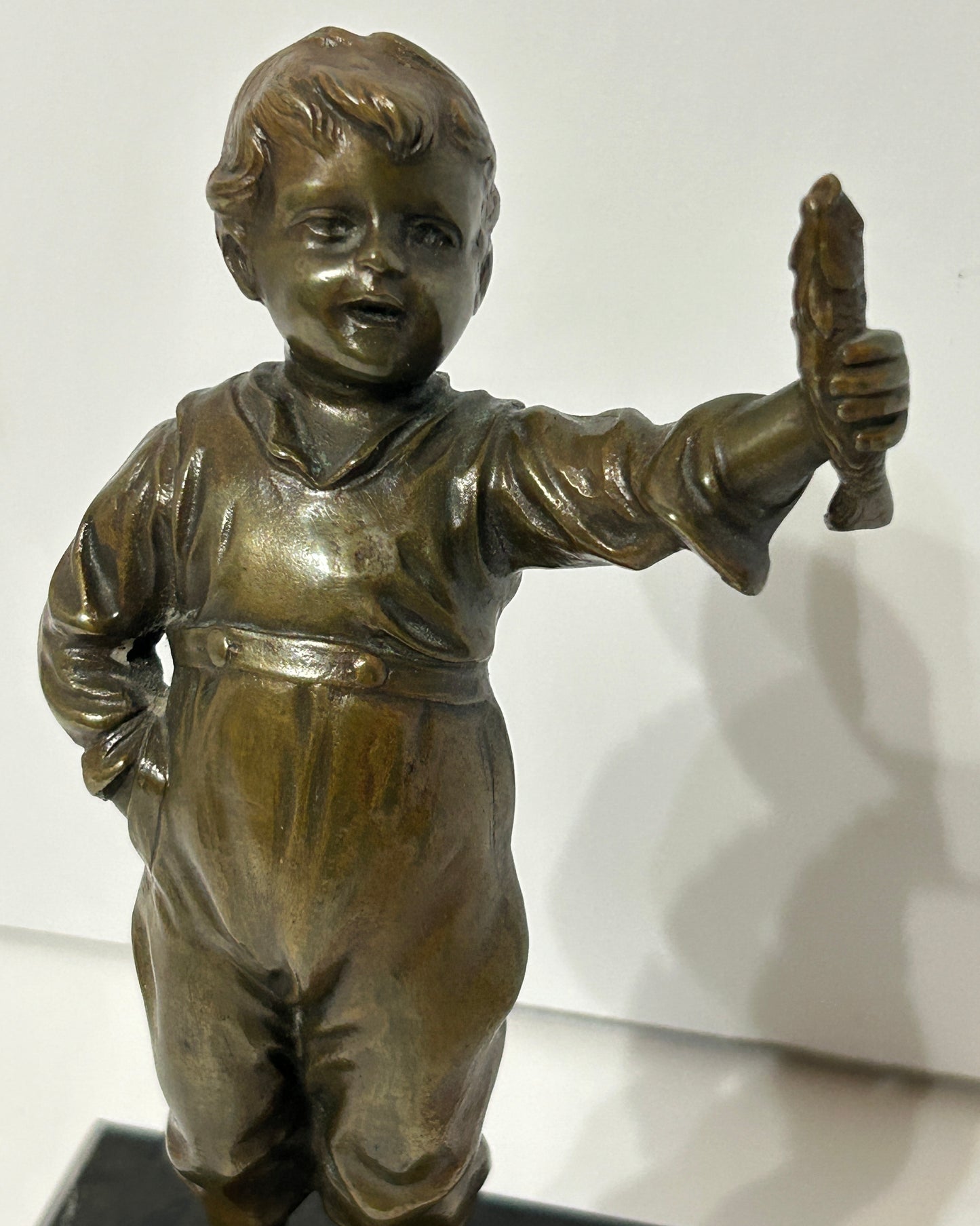 BRONZE ANTIQUE SCULPTURE OF BOY WITH FISH