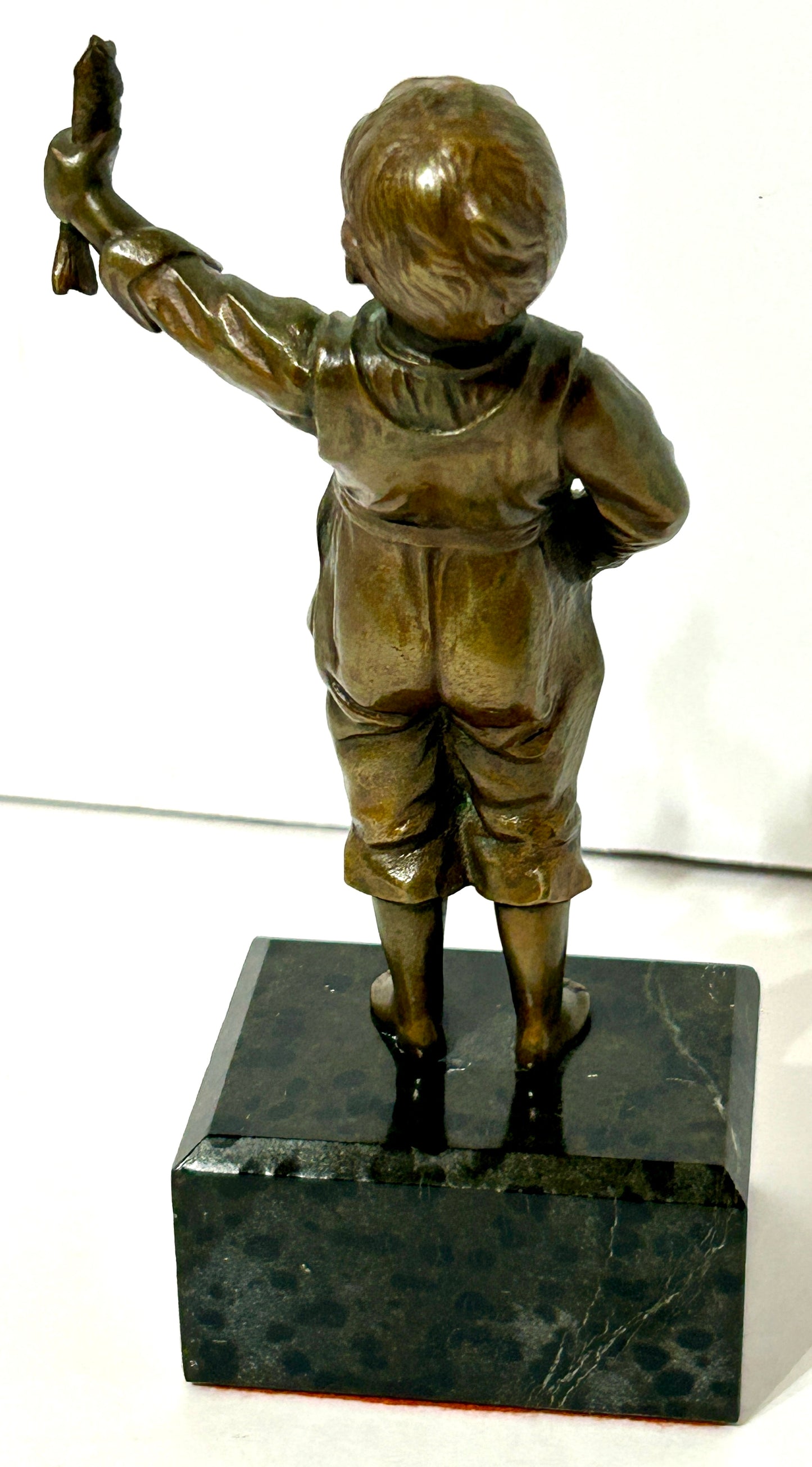 BRONZE ANTIQUE SCULPTURE OF BOY WITH FISH