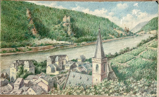 A. LOHR GERMANY COLORED PENCILS DRAWING OF WINE FIELDS AT ASSMANNSHAUSEN