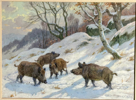 GEORGES FREDERIC ROETIG 1873-1961 FRANCE. WILD BOARS WATERCOLOR PAINTING