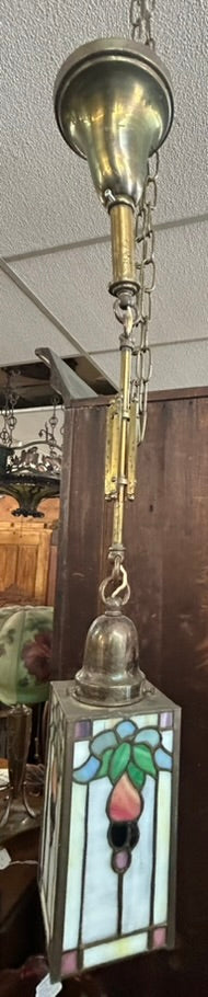 LEADED GLASS SMALL SQUARE HANGING ANTIQUE LAMP