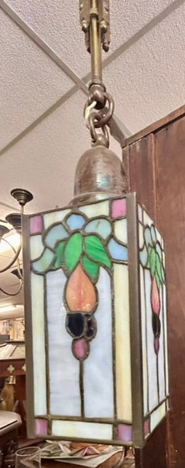 LEADED GLASS SMALL SQUARE HANGING ANTIQUE LAMP