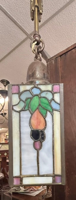 LEADED GLASS SMALL SQUARE HANGING ANTIQUE LAMP