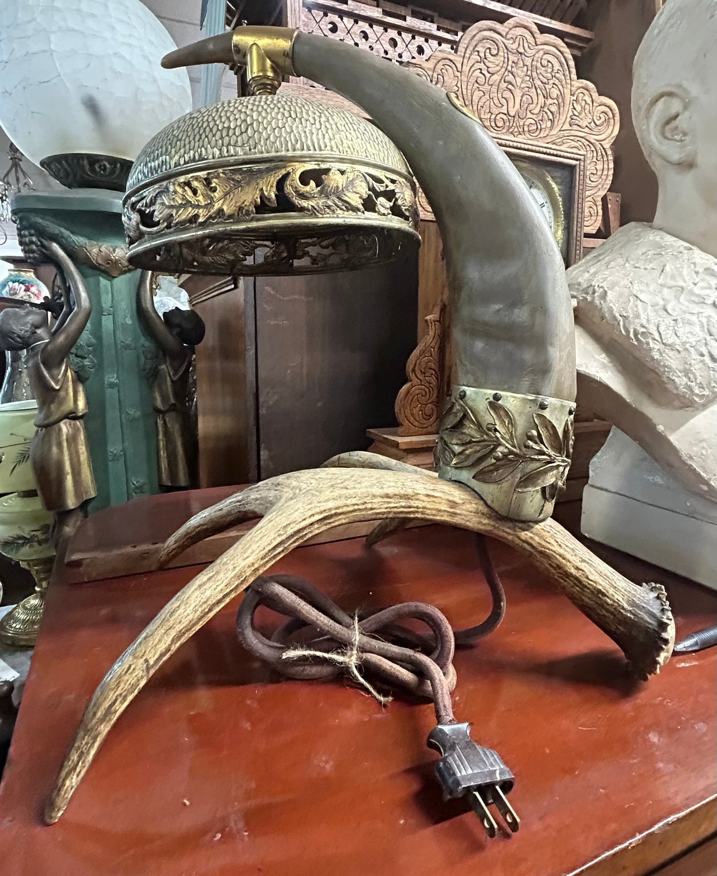 ANTLER LAMP WITH BRASS SHADE 1920'S - 1930'S