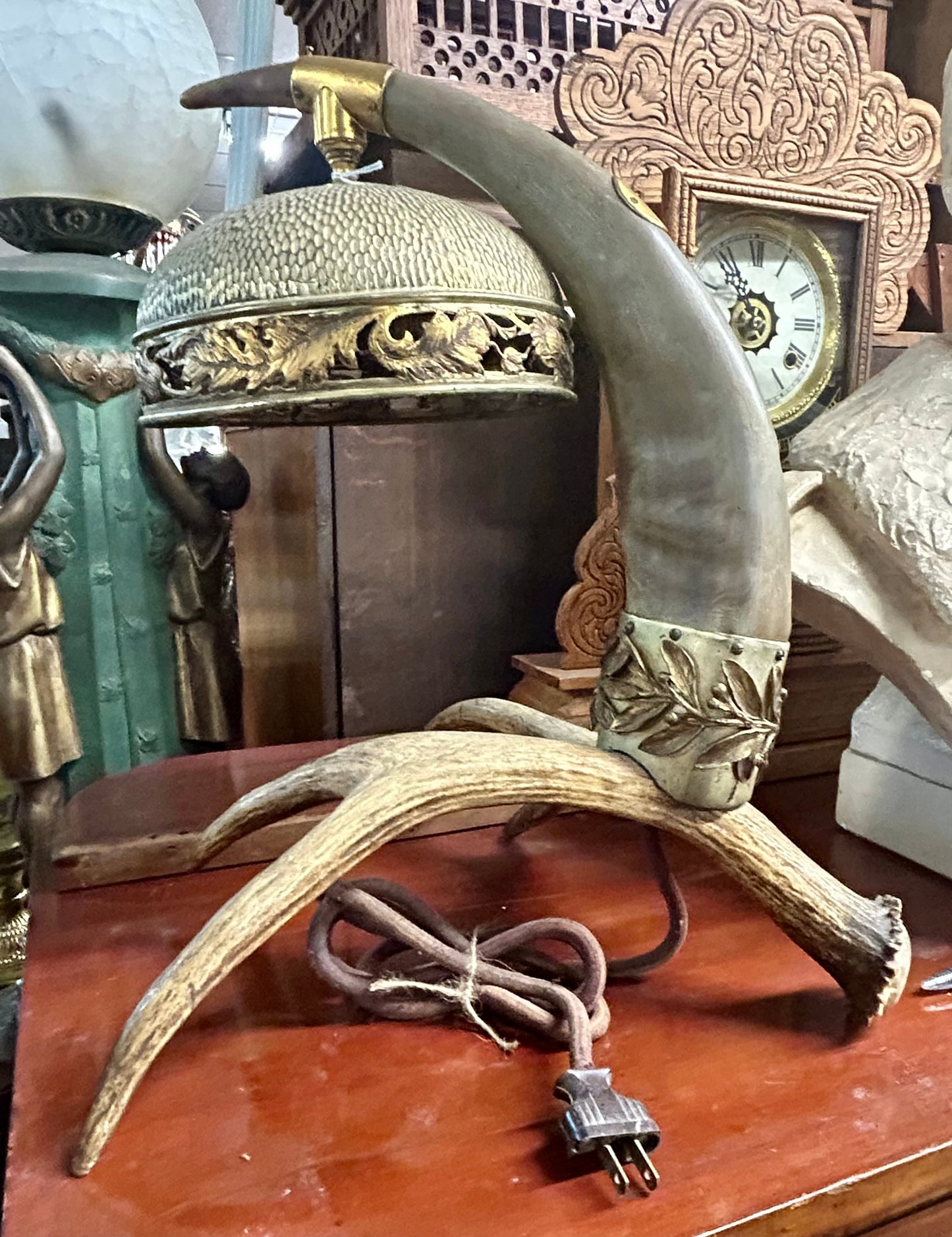 ANTLER LAMP WITH BRASS SHADE 1920'S - 1930'S