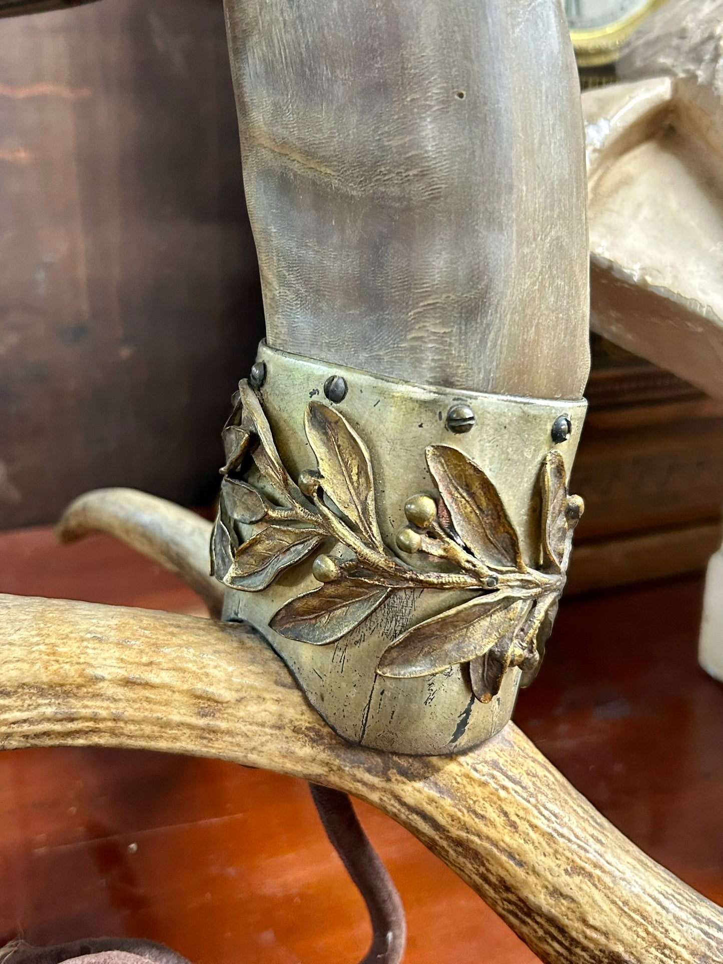 ANTLER LAMP WITH BRASS SHADE 1920'S - 1930'S