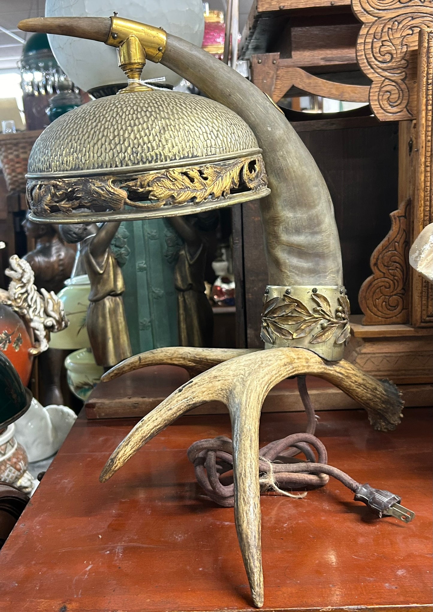ANTLER LAMP WITH BRASS SHADE 1920'S - 1930'S