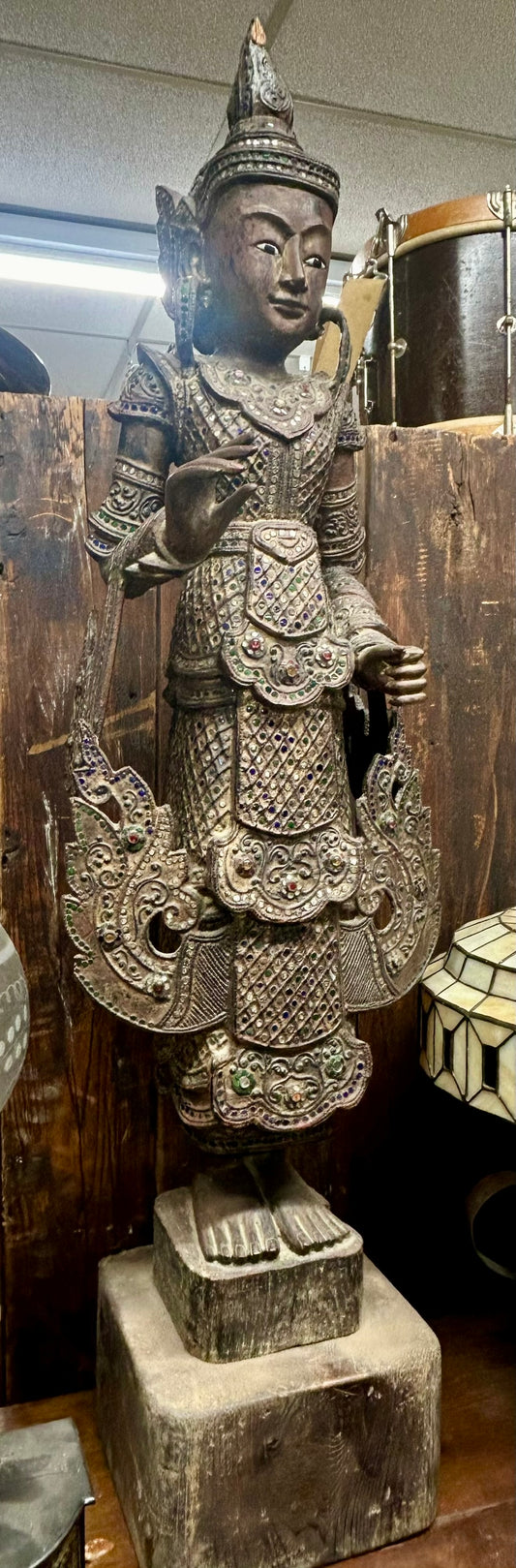 BURMESE NAT SPIRIT 19TH CENTURY WOOD CARVING WITH INLAID GLASS MOSAICS