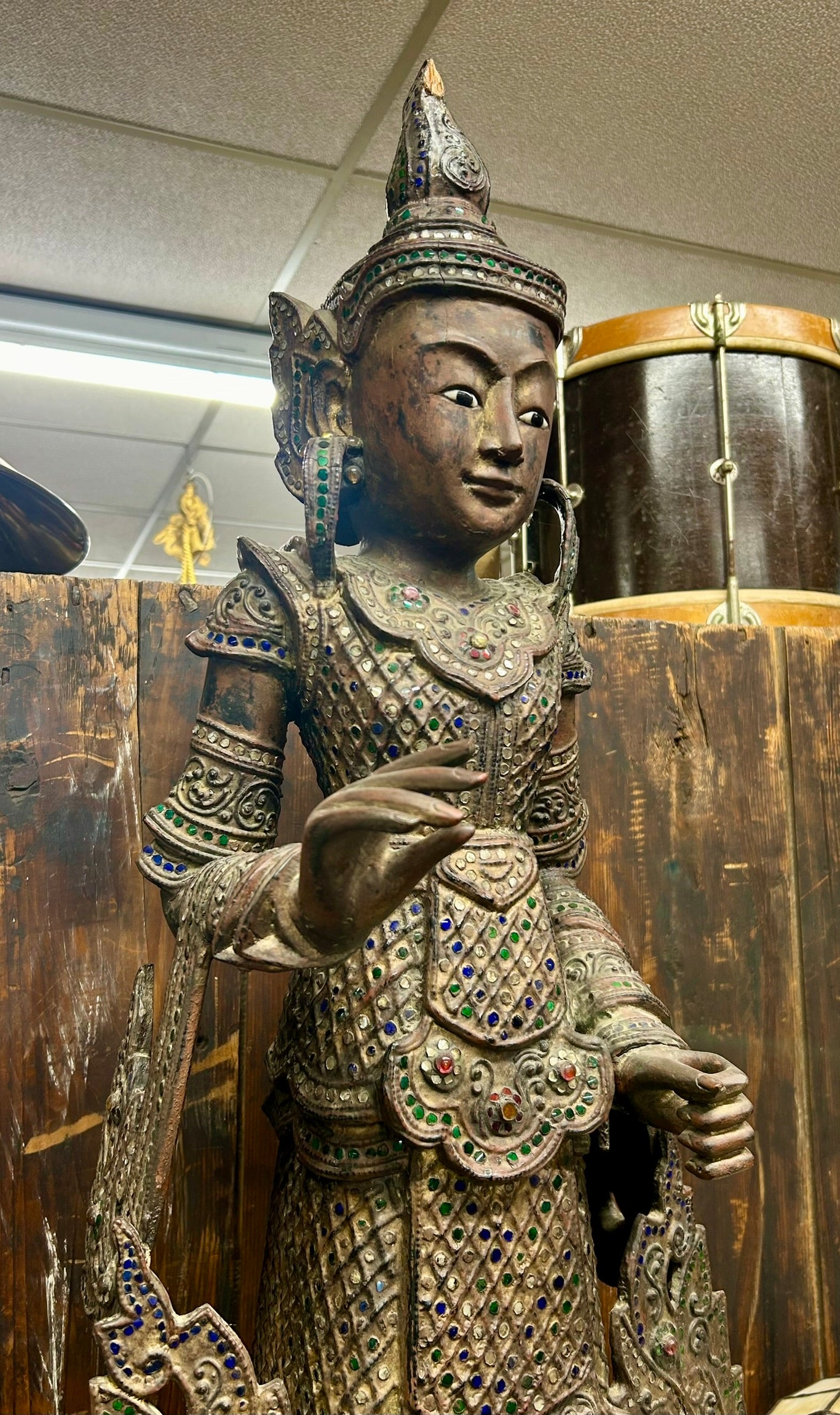 BURMESE NAT SPIRIT 19TH CENTURY WOOD CARVING WITH INLAID GLASS MOSAICS