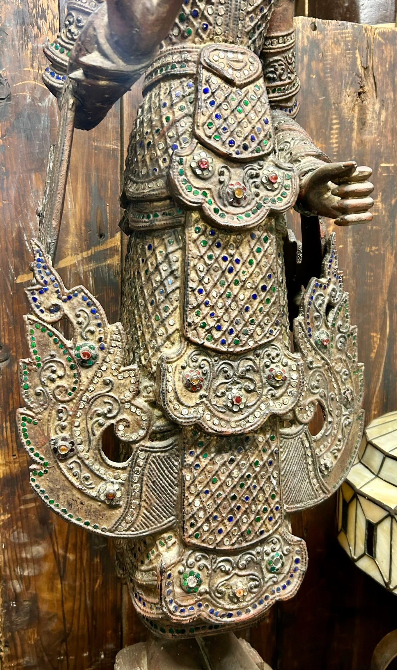 BURMESE NAT SPIRIT 19TH CENTURY WOOD CARVING WITH INLAID GLASS MOSAICS