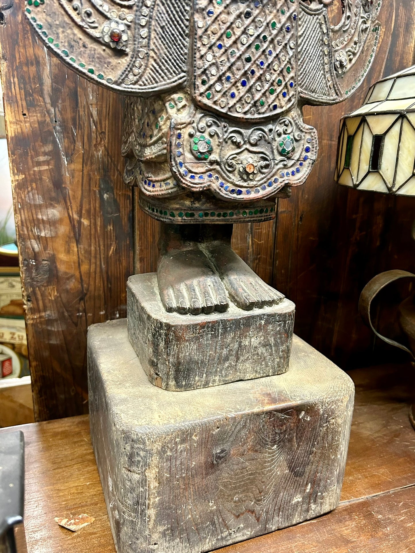 BURMESE NAT SPIRIT 19TH CENTURY WOOD CARVING WITH INLAID GLASS MOSAICS