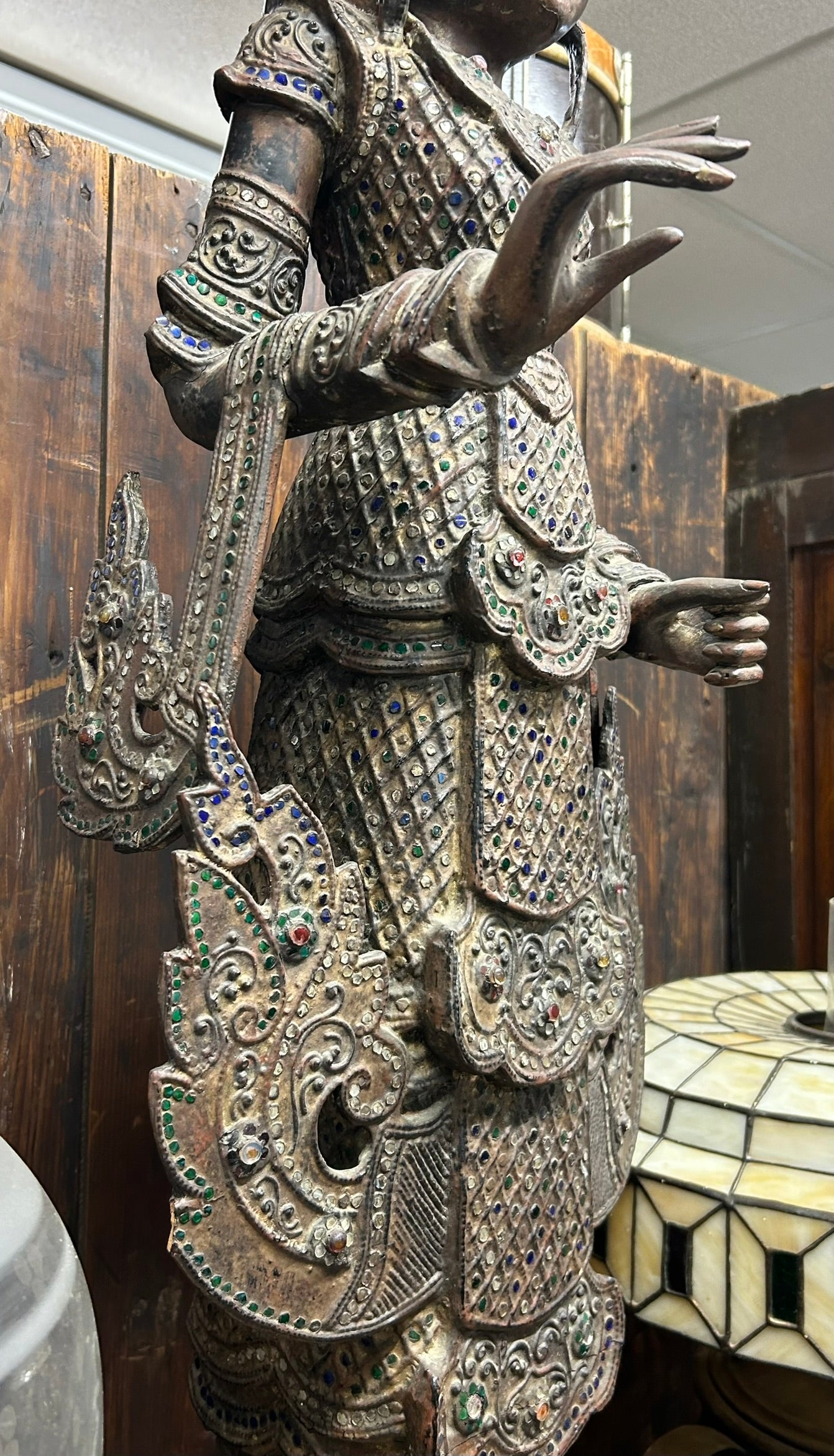 BURMESE NAT SPIRIT 19TH CENTURY WOOD CARVING WITH INLAID GLASS MOSAICS