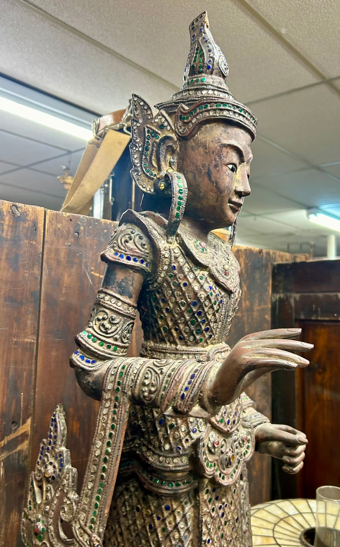 BURMESE NAT SPIRIT 19TH CENTURY WOOD CARVING WITH INLAID GLASS MOSAICS