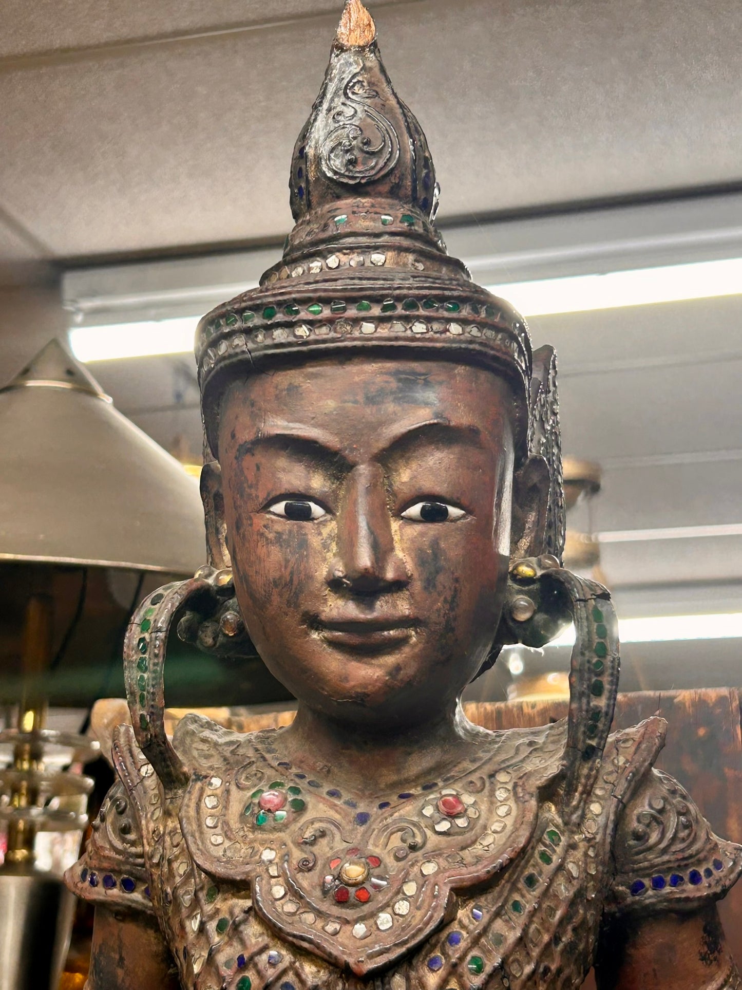 BURMESE NAT SPIRIT 19TH CENTURY WOOD CARVING WITH INLAID GLASS MOSAICS