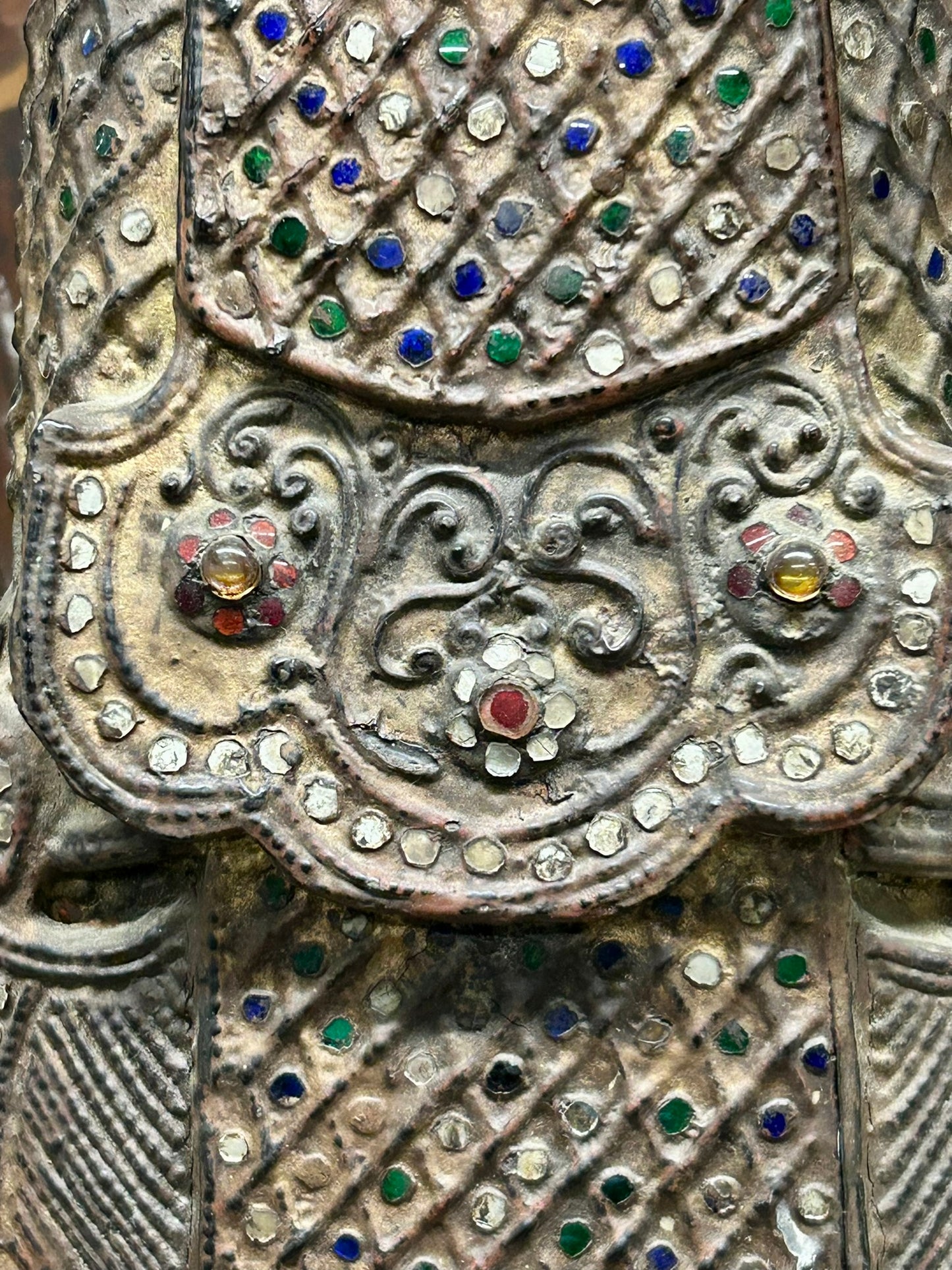 BURMESE NAT SPIRIT 19TH CENTURY WOOD CARVING WITH INLAID GLASS MOSAICS