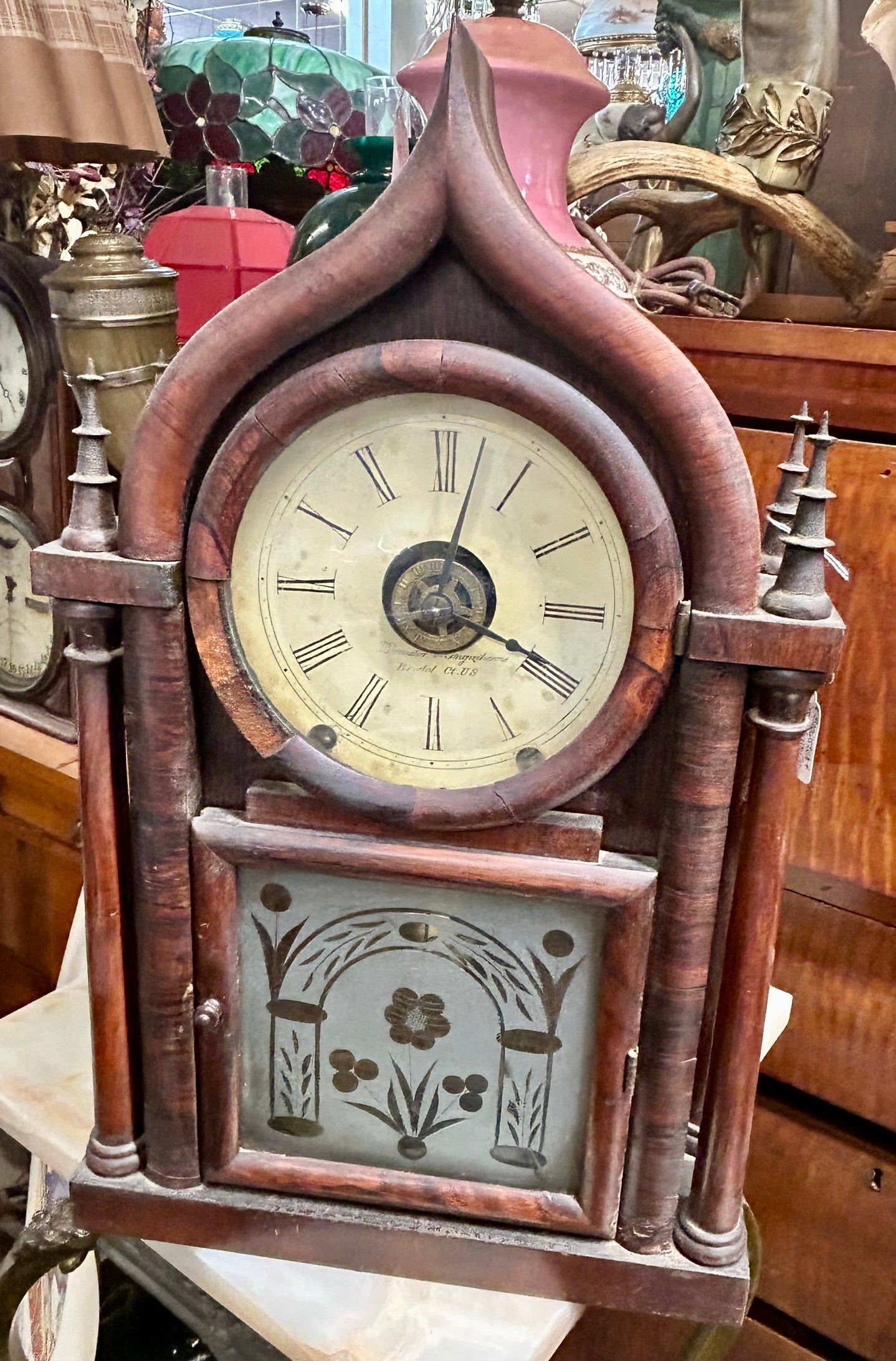 BREWSTER AND INGRAHAMS ONION TOP GOTHIC ANTIQUE CLOCK