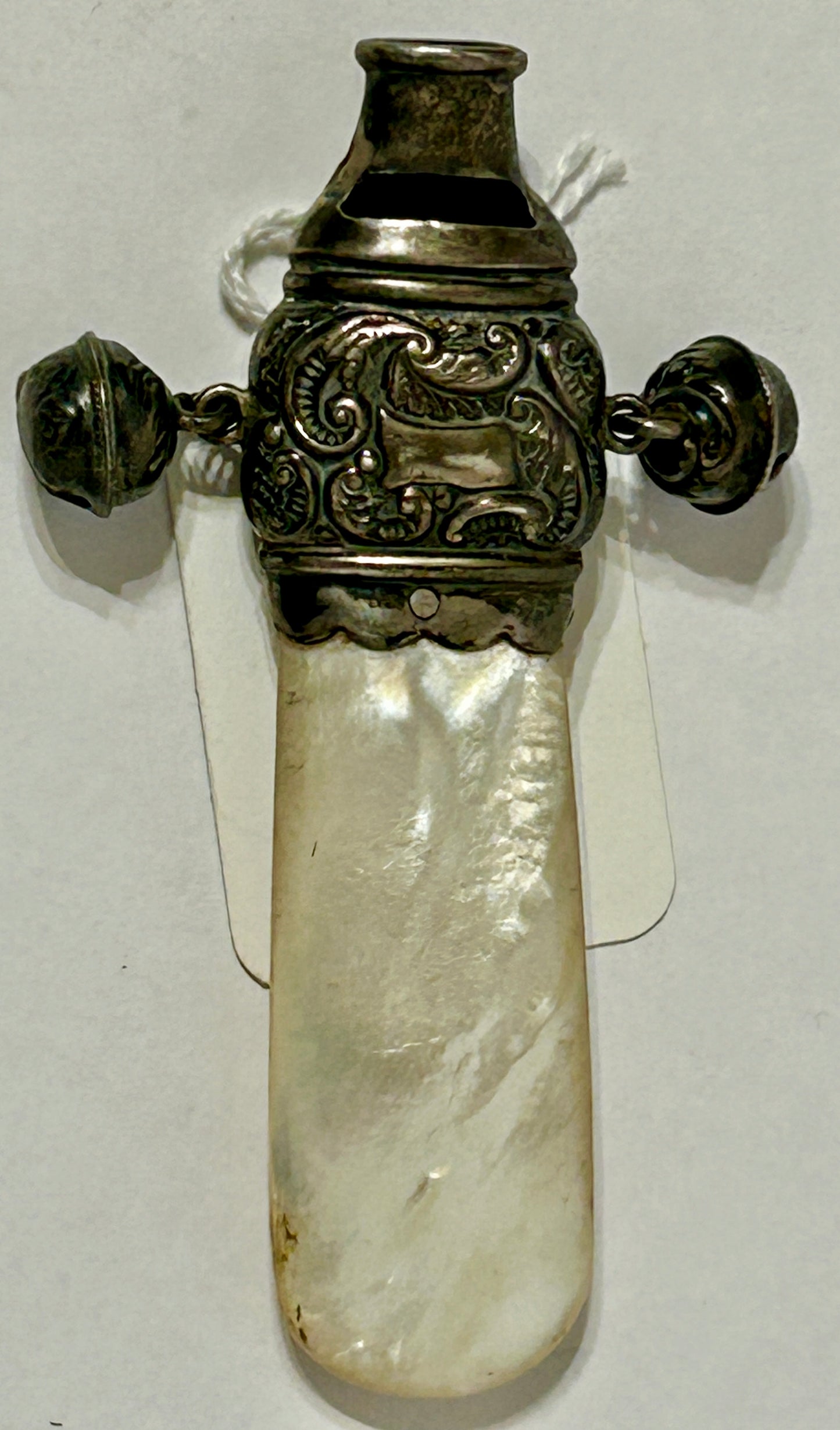 STERLING AND MOTHER OF PEARL ANTIQUE BABY TEETHER & WHISTLE